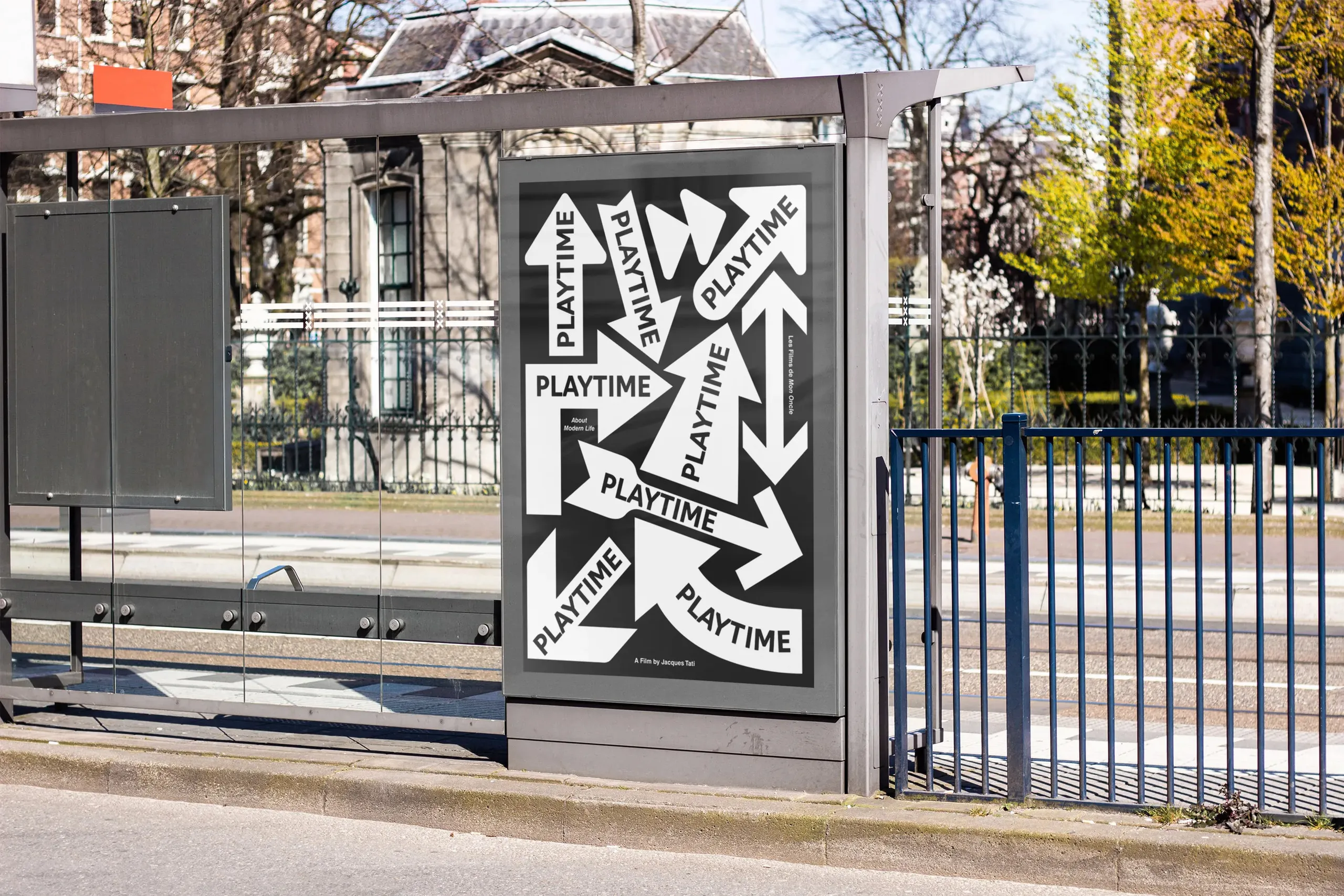 Image of a poster for the movie Playtime, as a mockup on a street, as an advertisment.